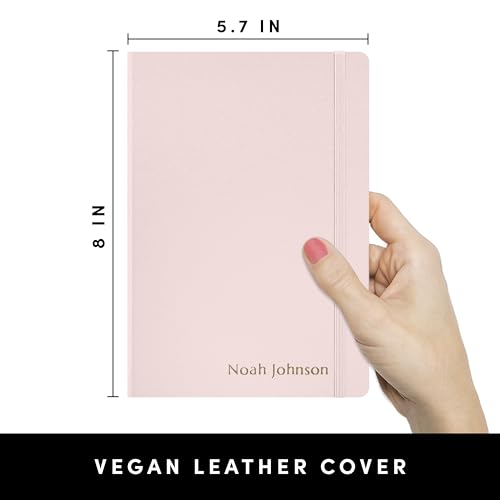 PAPERAGE Personalized Lined Journal Notebook for Writing - Customizable Text in Embossed Metallic Gold Foil, 160 Pages, 100 GSM Thick Paper, Leather Hardcover Diary, 5.7 inches x 8 inches, Blush