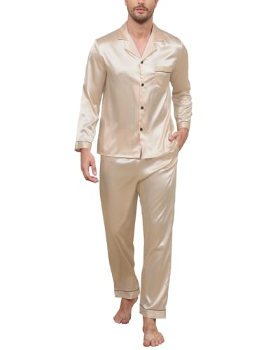 TeJoyce Pijama de Hombre de Seda Largo, Ropa de Dormir de Satén de Dos Piezas, Conjunto de Loungewear de Raso de Manga Larga con Botones y Pantalón con Bolsillos, Ropa de Casa Elegante y Cómodo S-XXL