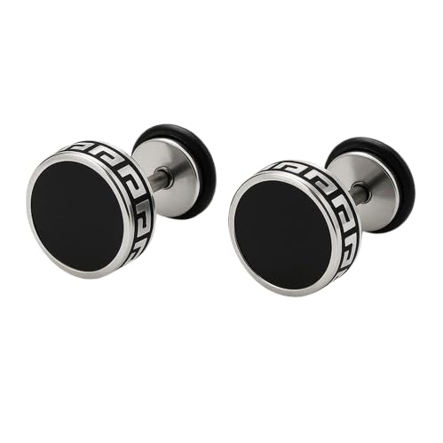 modeva "elevate your essence" Men'S Round Stainless Steel Stud Earrings, Black and Silver with Greek Key Design, Faux Gauge Style-picture-27