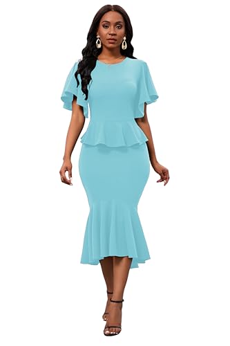 Image of Womens Summer Ruffle Short Sleeve Fishtail Dress Evening Cocktail Formal Peplum Midi Mermaid Dresses Elegant