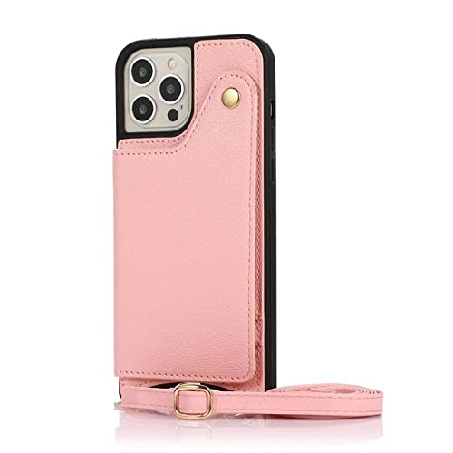 Coque rabat miroir iPhone 14 Plus étui portefeuille rose bandoulière amovible