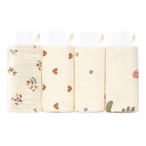 4 Paños Muselina Bebé, 100% Algodón Suaves Paños de Saliva, Transpirables & Absorbentes, Toallas para Recién Nacido, Para Comer, Limpiar y Lavar, 25,5×27,5 cm, Estampado Flores