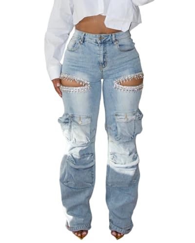 Ryehack Women's Rhinestone Cargo Jeans High Waisted Wide Leg Ripped Baggy Distressed Sparkly Y2K Denim Pants