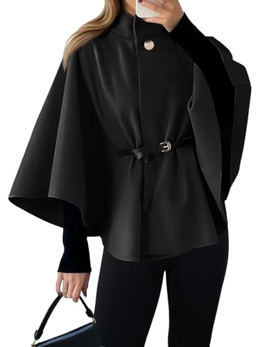 Cicy Bell Womens Batwing Sleeve Poncho Pea Coats Oversized Belted Trendy Casual Stand Collar Cloak Cape Coats