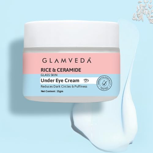 Image of Glamveda Korean Rice & Ceramide Under Eye Cream | Reduces Dark Circles, Puffiness, Wrinkles & Fine Lines | Eye Cream for Dry & Sensitive Skin | For Men & Women 15gm