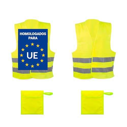 Deliex delicias de Extremadura Pack 2 Chalecos Reflectantes Amarillos Homologados y 2 Fundas - Talla única - Chaleco homologado DGT - Certificado ISO
