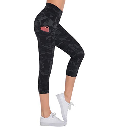 Dragon Fit High Waist Yoga Pants Capri with 3 Pockets,Tummy Control Workout Running Capri 4 Way Stretch Yoga Leggings (Large, Capri59-Black&Grey Camo)