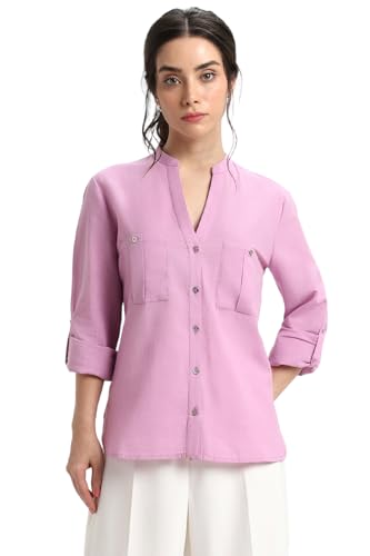 Image of DL Woman Women's Stylised Shirt Style Top with Roll Up Sleeves, Regular Fit Solid
