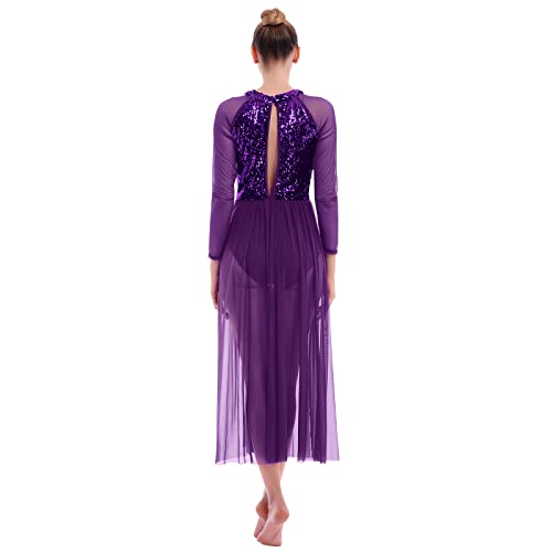 Afavom Lyrical Dance Costumes For Women Contemporary Dance Costumes Sequin Lyrical Dance Dress Long Sleeve Ballet Leotard Flowy Tulle Mesh Skirt Ballroom Dance Dresses Lyrical Dancewear Purple Small #TOP1