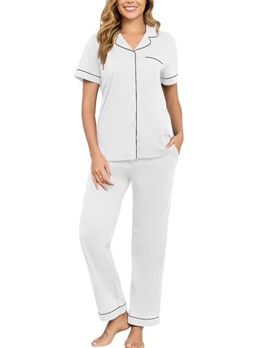Image of Veseacky 100% Cotton Pajamas for Women Set Short Sleeve Button Down Sleepwear Soft 2 Piece Summer Pjs Lounge Sets S-XXL
