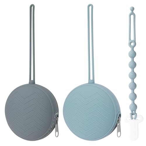 Image of Nupoopy 2 Pack Silicone Pacifier Holder Case with Premium Zipper & 1 Pacifier Clip - Leakproof Baby Pacifier Storage Case for Diaper Bags, Strollers, Travel, BPA Free (Ether/Tradewinds)