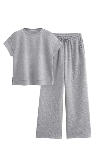 Image of PRETTYGARDEN 2 Piece Outfits For Women Casual Tracksuit Short Sleeve Tops And Wide Leg Long Pants Matching Lounge Sets
