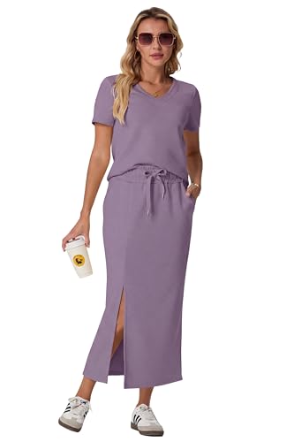 Image of GRECERELLE Women Summer Casual 2 Piece Sets V-Neck Wrinkle-Free Top & Elastic Waist Midi Side Slit Skirt with Pockets