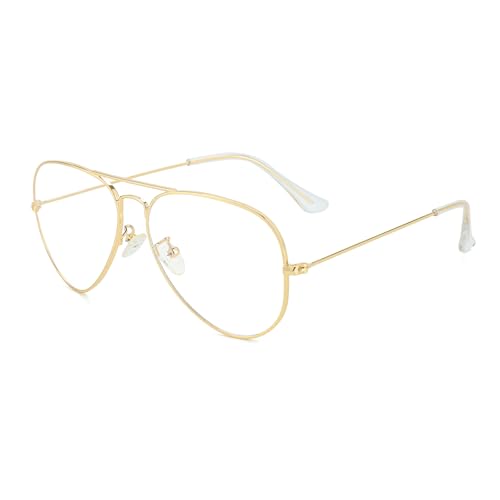 Classic Aviator Blue Light Glasses for Women Men, Metal Frame Clear Lens Eyeglasses (Gold)