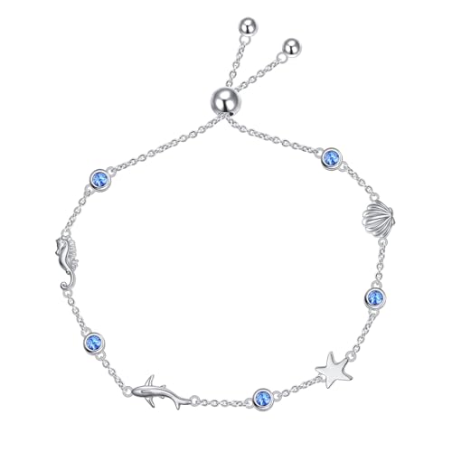 S925 Sterling Silver Shell Starfish Shark Bracelet for Women Summer Beach Sea Ocean Charm Adjustable Link Bracelets Jewelry Gift