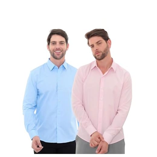 Pthirillo, KIT Masculino 2 Peças - Camisa Social Premium Tipo Linho Azul Claro e Camisa Social Slim Rosa Tamanho:M