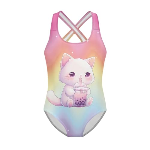 Image of WELLFLYHOM Girls Swimsuit 5-14 Cross Back Swimwear Full Coverage One Piece Bathing Suit Sleeveless Beachwear