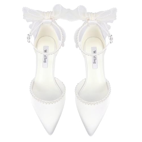 Image of Block Heel Wedding Shoes for Bride Closed Toe Wedding Heels with Bow Pearl Bridal Shoes