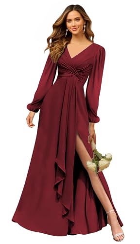 Chiffon Bridesmaid Dresses for Wedding 2025 V Neck A-Line Pleated Evening Party Maxi Gown with Slit