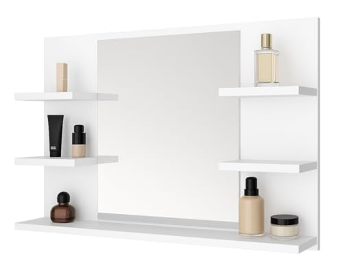 Miroir de Salle de Bain avec 5 étagères, uspendu - Mural, pour Le Couloir, pour la Chambre, pour la Salle de Bain, Blanc 80X50 cm.