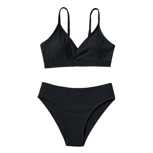 Teen Girls' Swimsuits 2 Piece V-Neck Solid Sport Bikini Set Adjustable Straps High Waist (Black-B, 10-12 Years)