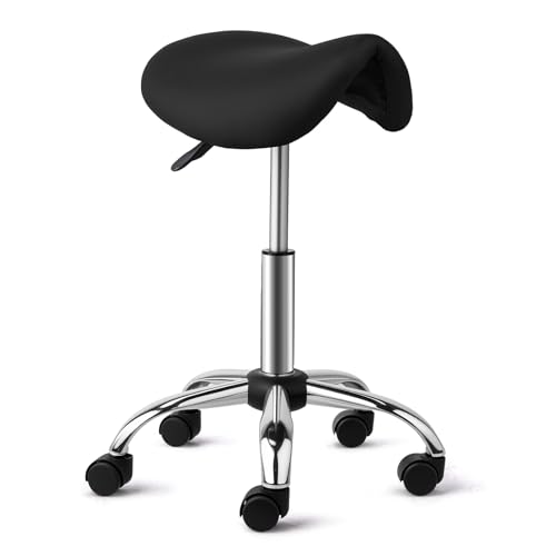 Bonnlo Saddle Stool with Wheels - Height Adjustable Swivel Stool - for Salon Massage Home Kitchen Clinic, Weight Capacity 400lbs, Black, Sliver Legs