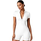 QFE Women Bodysuit Zip Tummy Control Yoga Workout Work Out Gym Sets for Athletic Rompers Romper Leotards One Piece Jumpsuits Outfit Body Suits Shorts Sleeve Stretch Neck Ribbedsuits Sexy White Small