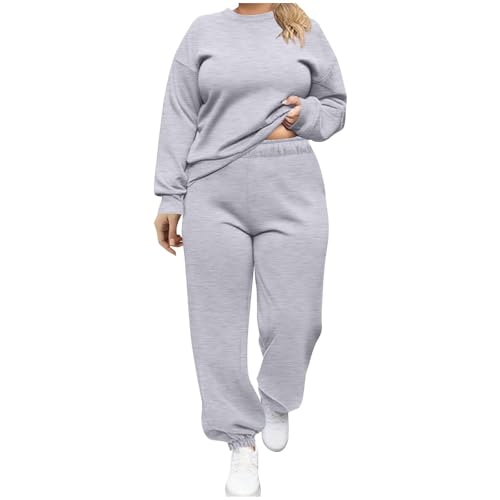 AMhomely Ensemble de survêtement pour femme tailles grandes 2 pièces - Hauts à manches longues avec pull à col rond et pantalons larges décontractés, XL