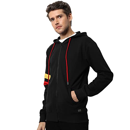 Image of CAHOOT Men's Dark Blue Zip-Front Hoodie with Contrast Drawstring for Casual Wear | Long Sleeve | Hooded Neck | Zipper Closure | Cotton Sweatshirt Crafted with Comfort Fit for Everyday Wear