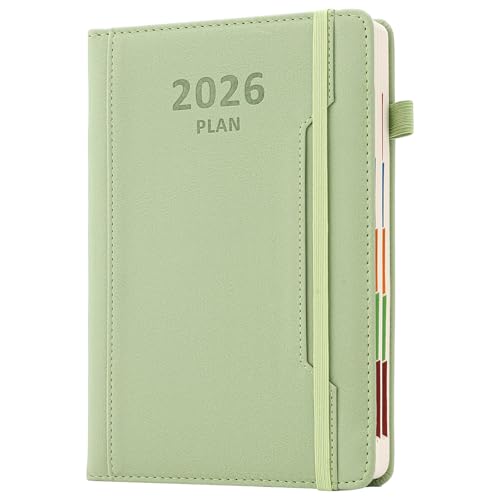 Agenda accademica 2026, formato A5, una pagina per giorno, da gennaio a dicembre, rigida con portapenne, tasca frontale, linguetta mensile colorata, chiusura