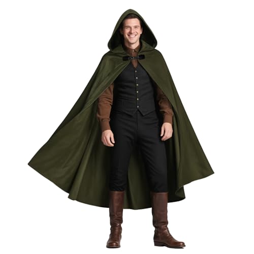 JEGERMIG Green Medieval Hooded Cloak Halloween Renaissance Cape with hood Wizard Costume Sorcerer Cosplay Witch