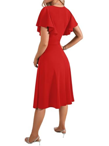 Image of LYANER Women's Warp V Neck Ruffle Short Sleeve A Line Swing Flared Cocktail Party Midi Dress