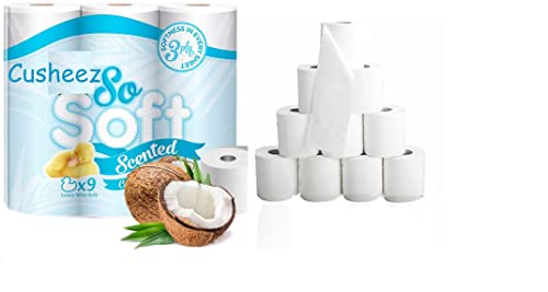 Cusheez Coconut Scented Luxury Toilet Rolls, Gentle Clean Toilet Paper, 45 Toilet Rolls
