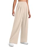 G4Free Work Pants Women With Pockets Front Pleated Wide Leg Yoga Stretchy Business High Waisted Trousers Slacks Casual (Light Khaki,M,Petite)