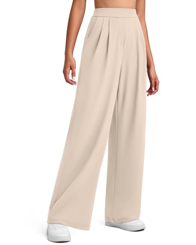 G4Free Work Pants Women with Pockets Front Pleated Wide Leg Yoga Stretchy Business High Waisted Trousers Slacks Casual (Light Khaki,M,Petite)