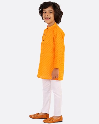 Image of superminis Baby Boys Traditional Ethnic Wear Handloom Cotton Solid Pattern Kurta With White Pyjama Set