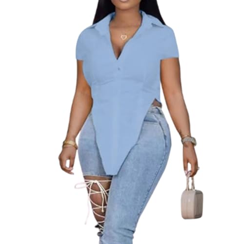 Short Sleeve Button Down Shirts for Women Collared High Low Irregular Hem Blouse Top Light Blue M