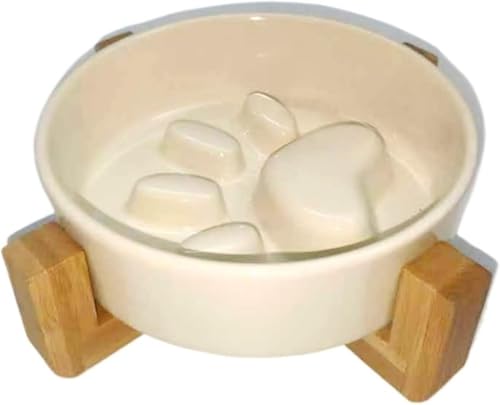 YAKINO 早食い防止ボウル スタンド付き 滑り止め 犬 食器 嘔吐防止 犬 ご飯台 首負担軽減 犬 餌入れ 陶器製 フードボウル 犬 大容量 陶器製早食い防止皿 ローズ 早食い防止 犬 えさ入れ 高さ傾斜 犬食器の台 小型犬 中型犬 大型犬 (オフホワ