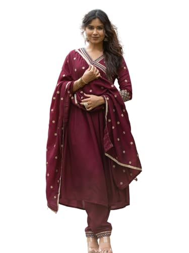 Image of Navlik Women's Vichitra Silk Embroidered A-Line Kurta with Pant & Dupatta 3-Piece Ethnic Set for Festive (NK4-442)