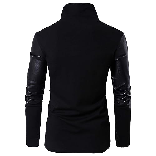 Men's Knit Leather Patchwork Jacket Windproof Zip-Up Stand Collar Slim Fit Black Casual Jacket Outwear for Men3