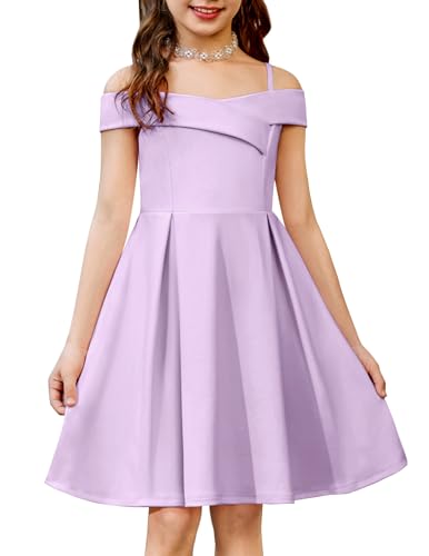 Arshiner Girls Summer Dress Off Shoulder Fold Pleated Formal Elegant A-Line Party Dresses with Pocket Purple for 9-10Years Girls