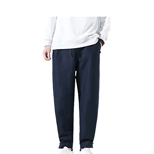 Disimlarl Men Winter Fleece Pants Chinese Style Warm Pants Thick Cotton Linen Oversized Trousers, Navy, Large