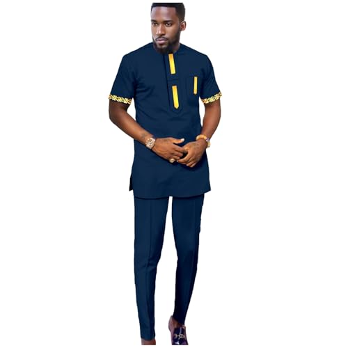 Tracksuit Men African Clothing Short Sleeve Embroidery Tops and Pants 2 Piece Set Plus Size Casual Shirts