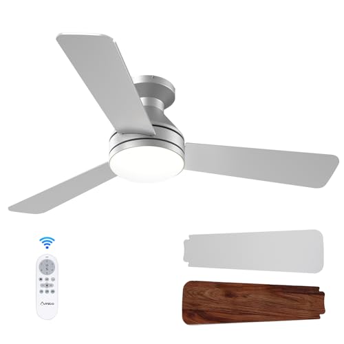 Amico Ceiling Fans with Lights, 42 inch Low Profile Ceiling Fan with Light and Remote Control, Flush Mount, Reversible, 3CCT, Dimmable, Noiseless, Silver Ceiling Fan for Bedroom, Indoor/Outdoor Use