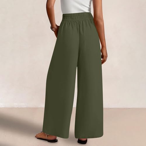 Linen Pants Women Summer Wide Leg Palazzo Pants Casual Elastic Waist Pants Vacation Flowy Linen Trousers with Pockets3