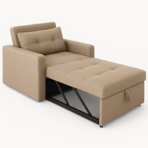 Image of Sleepify Tressia 1 Seater Pull-Out Premium Fabric Sofa Cum Bed Sofa Set for Living Room (Beige Fabric)