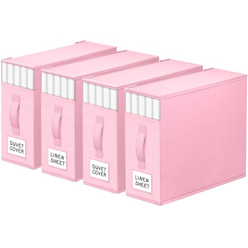 Image of StorageTastic 4 Pack Bed Sheet Closet Organizers and Storage,Sturdy Foldable Storage Containers with Window and Label,Storage and Organization for Bedding Sheets,Duvet Covers,Blankets (Pink)