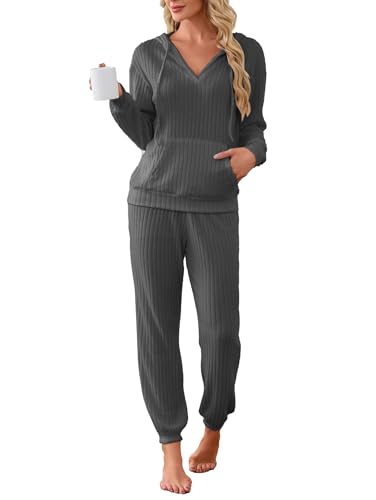 Image of Famulily 2 Pieces Ribbed Knit Outfits Drawstring Hoodies Jogger Pants Matching Pajama Sets with Pockets