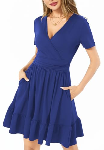 Image of Women's Fashion Summer Causal Short Sleeve Dress V Neck Beach Party Dresses with Pockets