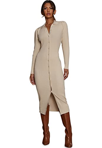 Chi Chi London Vestido Midi Tipo Polo Acanalado con Botones en Color Crema Fiesta Informal, L para Mujer